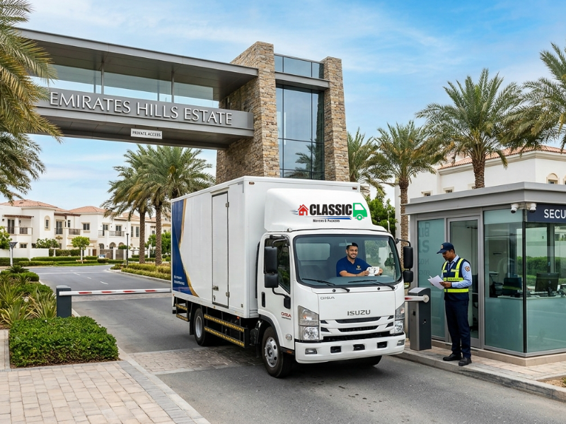 Villa movers in Dubai moving truck entering gated community security checkpoint in Dubai